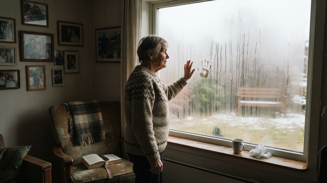Eldre kvinne står ved et dugget stuevindu med hånden mot glasset