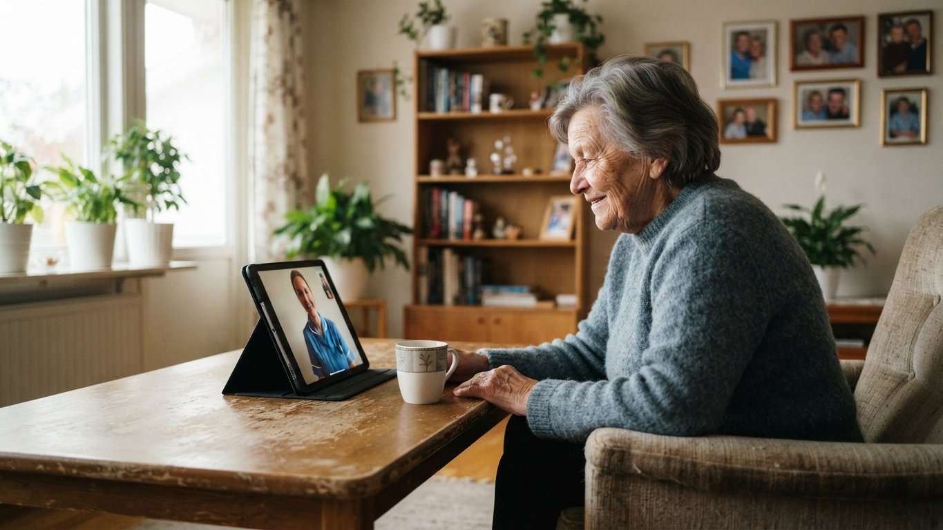Eldre kvinne hjemme i stua i videosamtale med sykepleier på stor skjerm