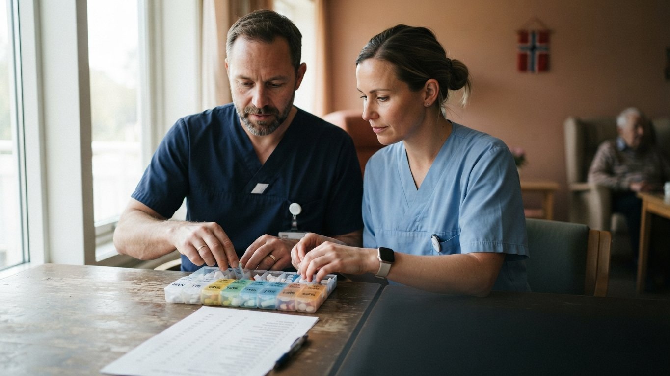To i helsetjenesten fyller ukedosett ved et bord, eldre mann i bakgrunnen