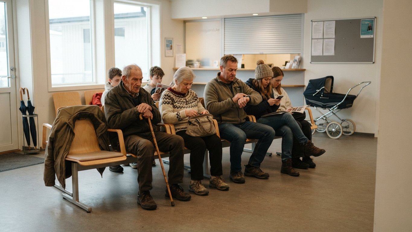 Venterom på et fastlegekontor med pasienter i ulik alder