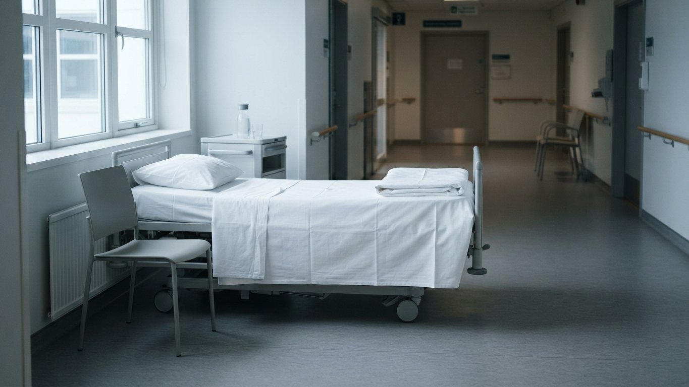 Oppredd tom seng i en sykehuskorridor