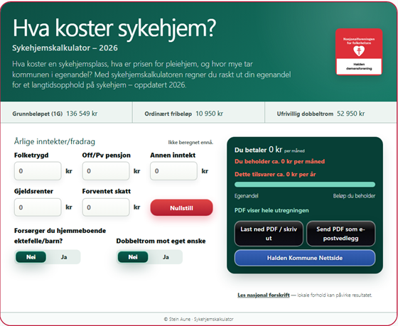 Sykehjemskalkulatoren for 2026 med felter for inntekt, fradrag og knapper for PDF