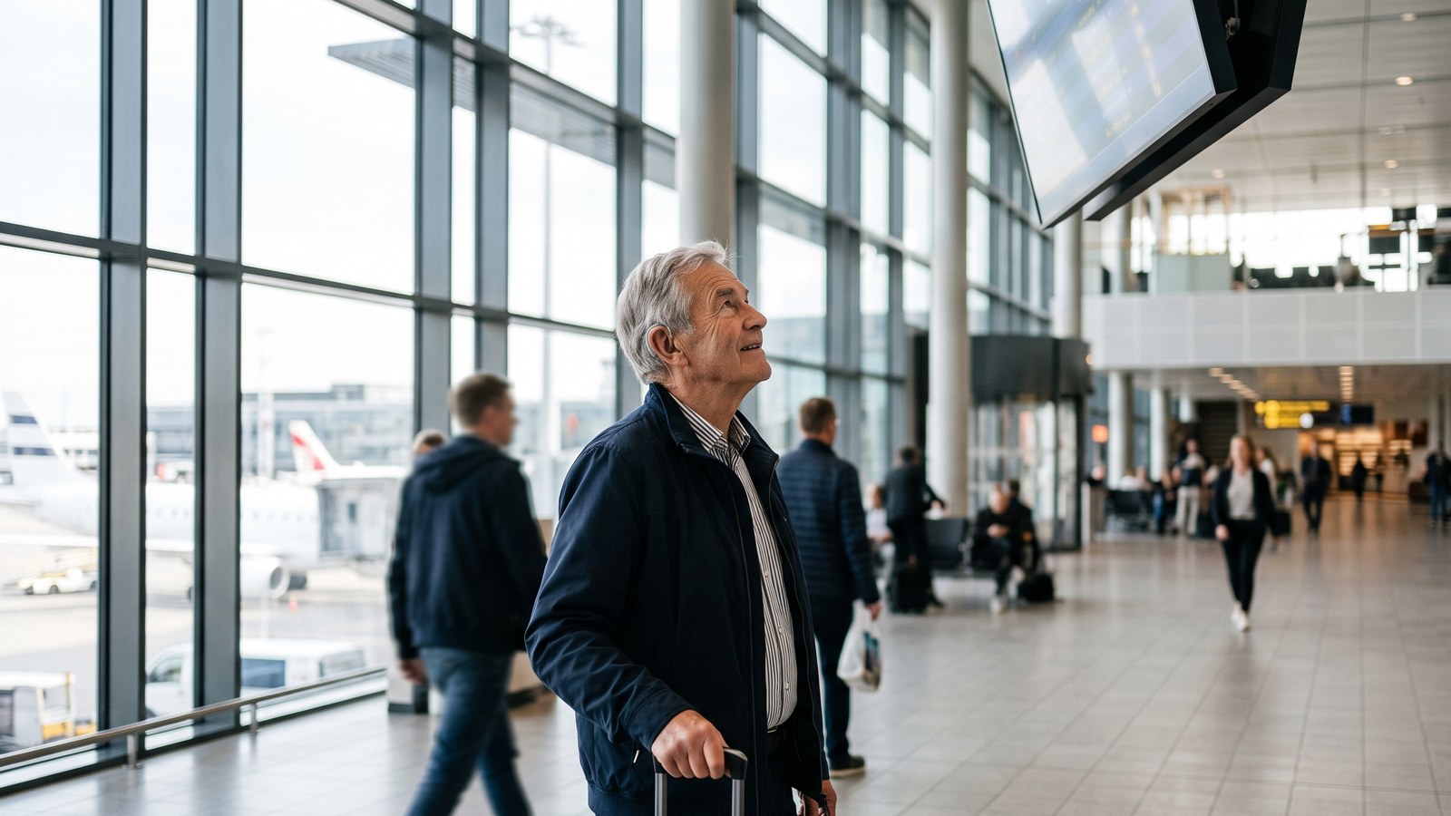 Eldre mann med diskré høreapparat står med trillekoffert i en flyplassterminal og ser opp mot en avgangsskjerm