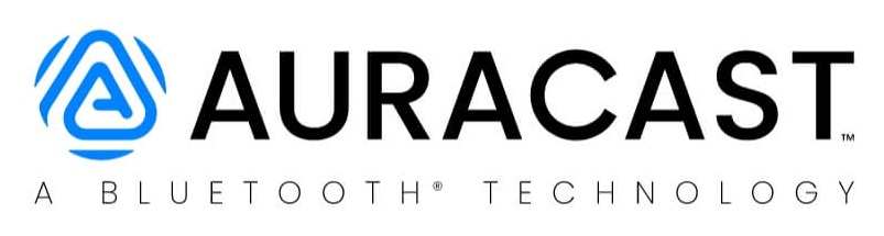 Auracast-logoen: en blå trekant med runde hjørner ved siden av ordet AURACAST og teksten a Bluetooth technology